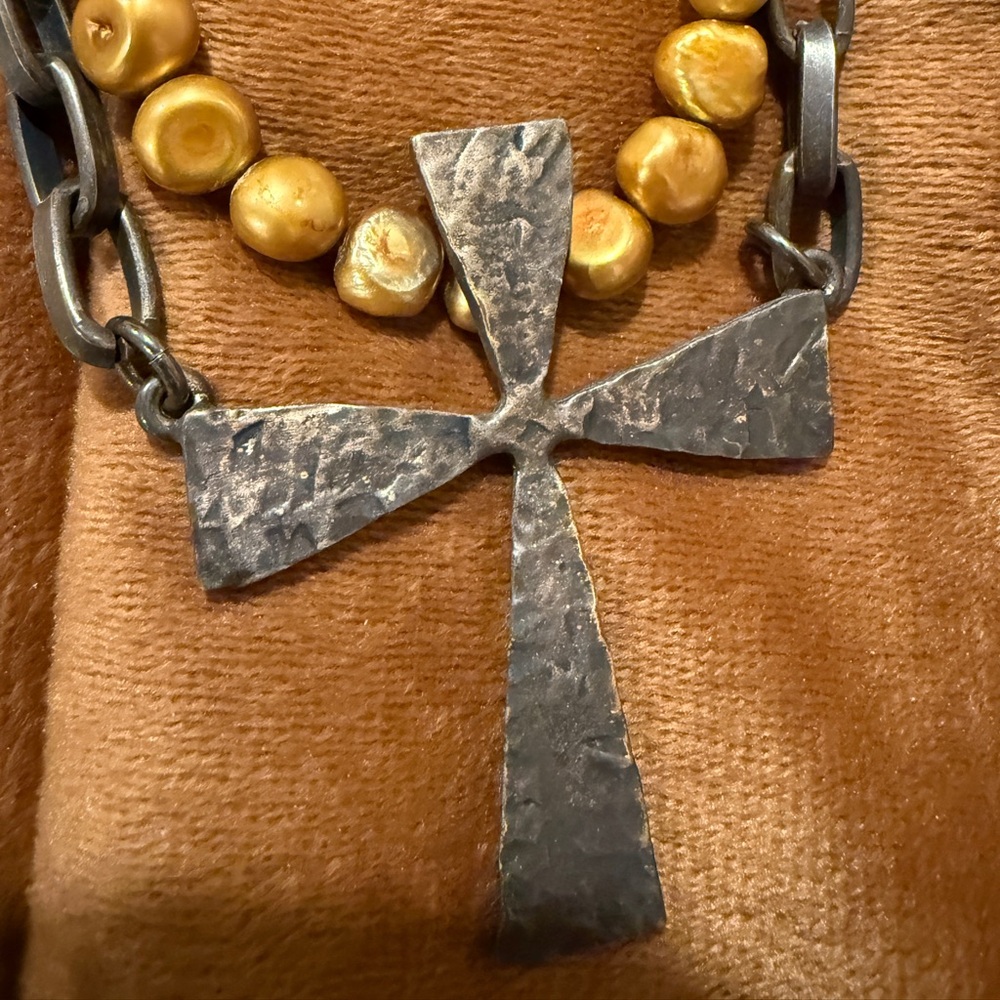 Silver Cross Pendant Necklace with Gold Baroque pearls